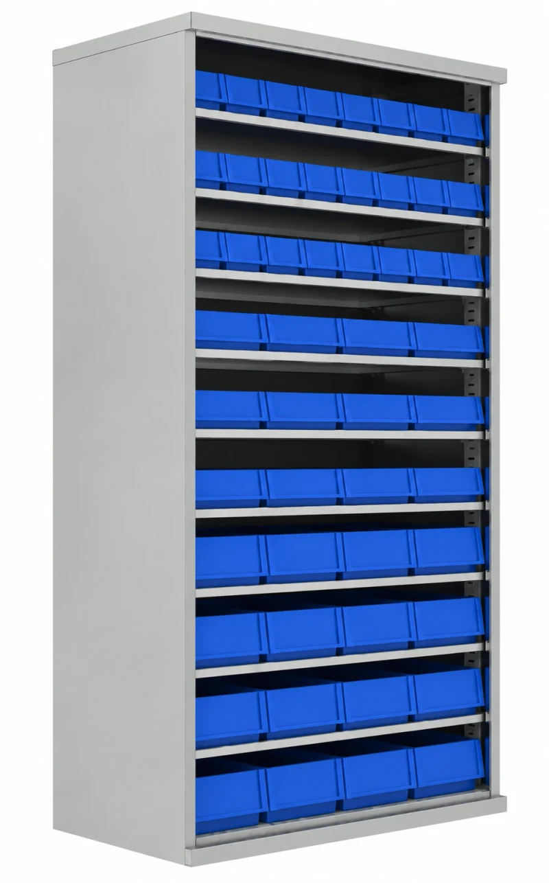 Parts bin cabinets shown in the industrial storage catalog