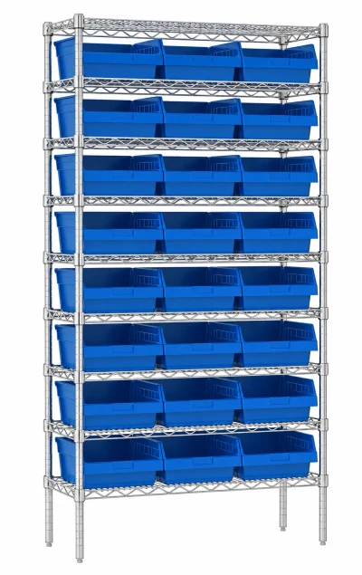Wire shelving with bins shown in the industrial storage catalog